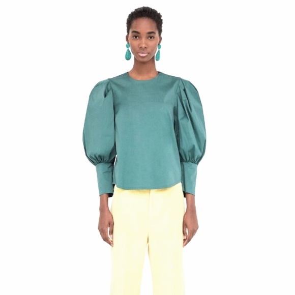 Zara Tops - ZARA Teal Puff Sleeve Button Back Top